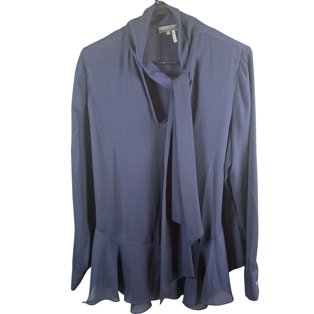 Vince Camuto Navy Peplum Long Sleeve Blouse Tie Neck Lightweight Womens M